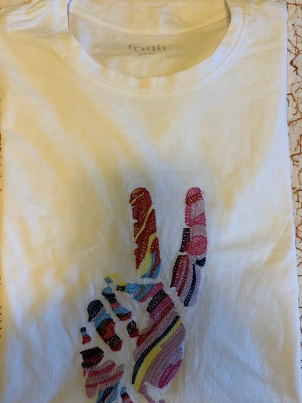 White Tee with Colorful Peace Sign Embroidery - Picture 3 of 4